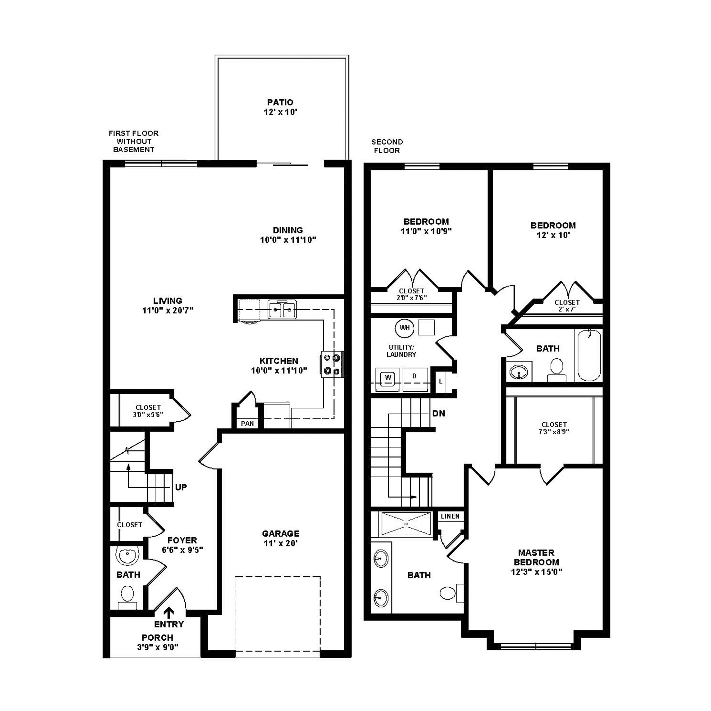 A black and white image of a two-story house floor plan.